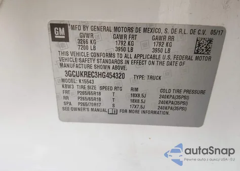 2017 Chevrolet Silverado 1500 2Lt from USA, damaged, VIN 3GCUKREC3HG454320